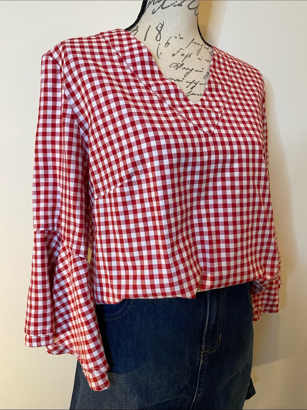 Jennifer Grace Red and White Gingham V-Neck lightweight Top  July 4th picnic
